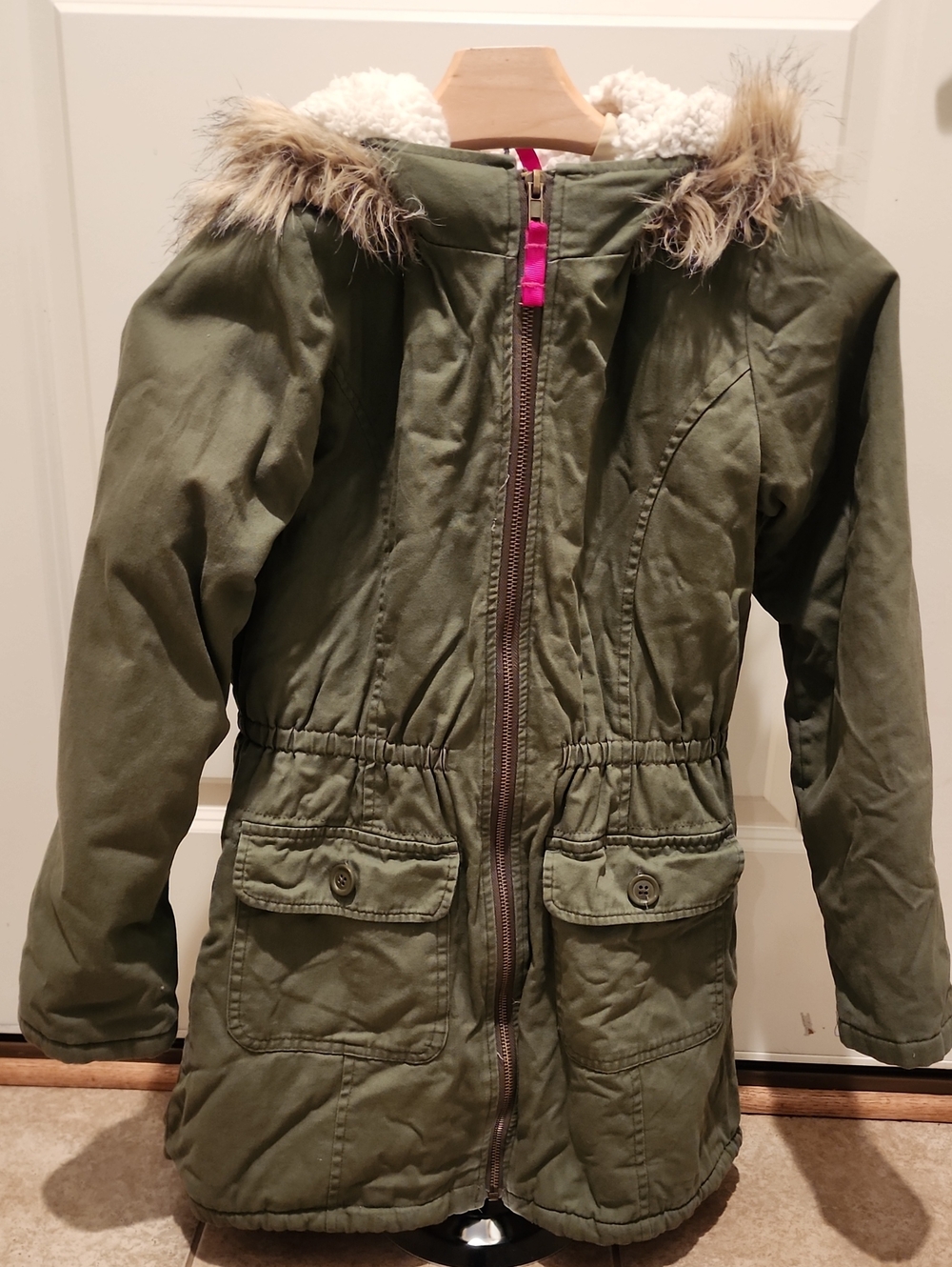 The Children's Place Girls Hooded Sherpa Lined Parka Jacket Olive Green L 10/12 - Picture 2 of 11
